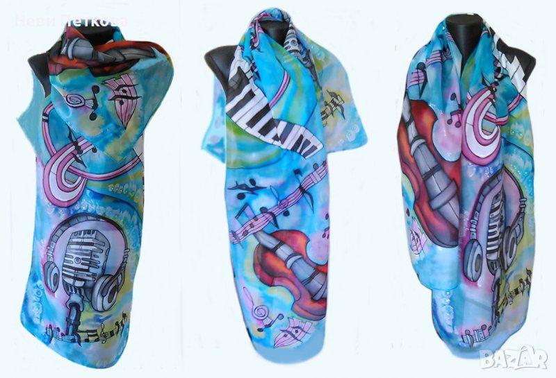 Рисуван копринен шал СИНЯ МУЗИКА , снимка 1