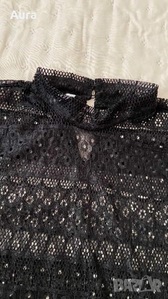 Black lace blouse high neck long sleeves with ruffled cuffs , снимка 1