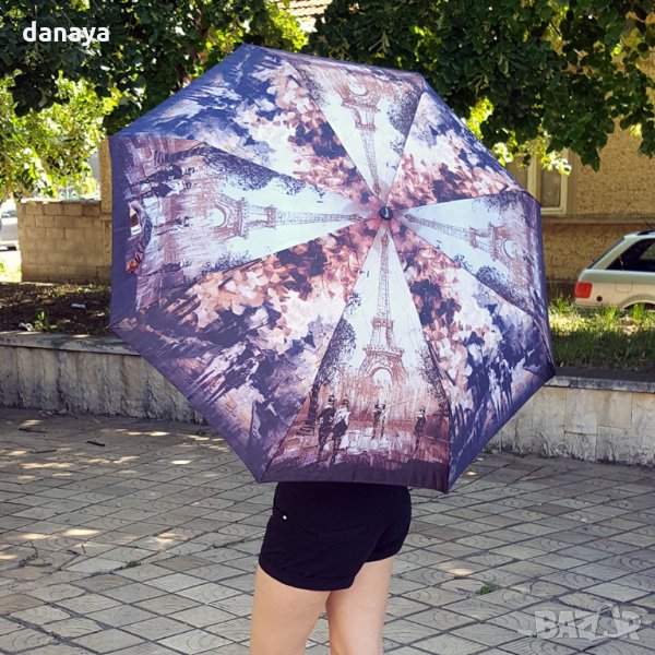 1536 Сгъваем автоматичен чадър за дъжд стил Париж 97см диаметър, снимка 1