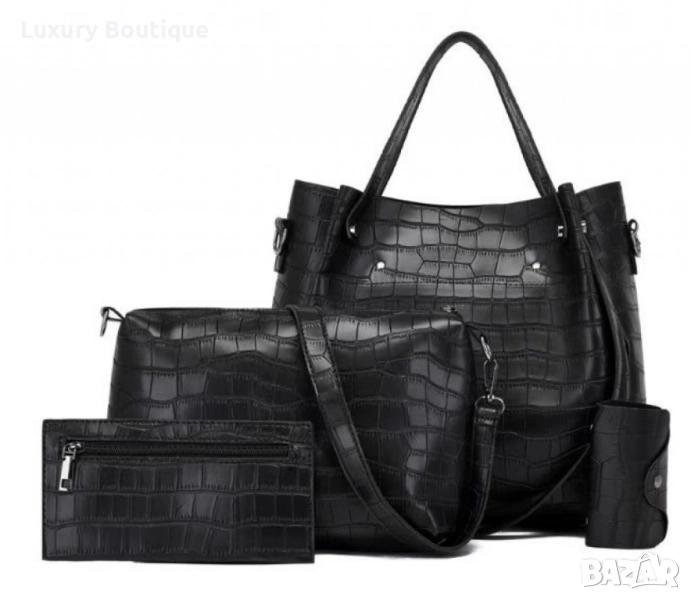Комплект от дамски чанти в черен цвят, с кроко ефект, снимка 1