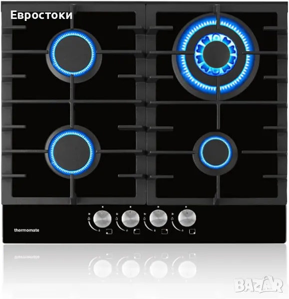 Стъклен газов котлон Thermomate GHBG604 4 зони, 60 см газов котлон за вграждане, черен стъклен, снимка 1