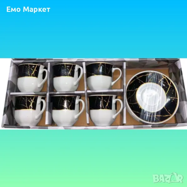 Комплект от 6 броя чаши и чинийки с мраморен ефект, снимка 1