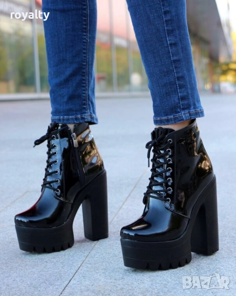 Боти на ток - черен лак с черно ходило, снимка 1