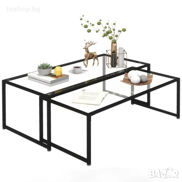 Комплект от 2 холни маси стъкло/стомана, 119x56x44.5cm/109x50.5x39cm, подреждащи се, черни/прозрачни, снимка 1