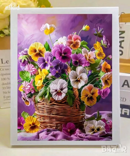 Теменужки цветя 5D гоблен диамантен картина мозайка за направа по схема с камъчета, снимка 1