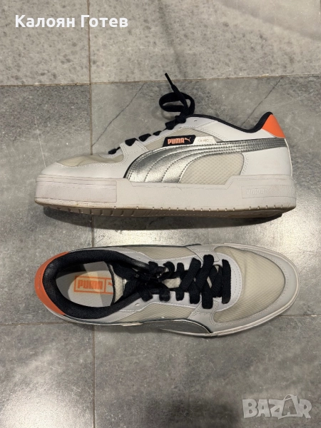 Мъжки кожени спортни обувки Puma CA Pro Techstile с мрежести зони, Бял, Оранжев, Сребрист, 10.5, снимка 1