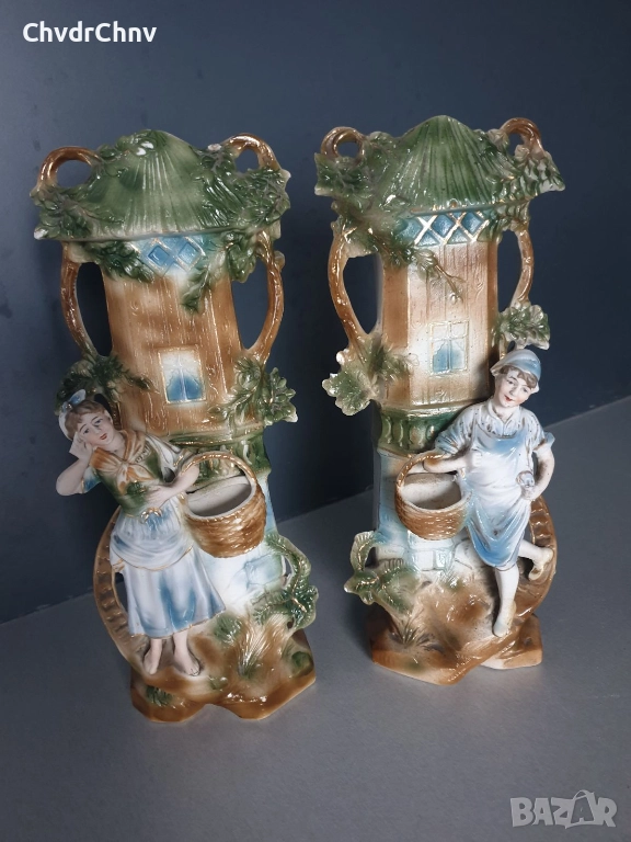 2бр чифт фигурални вази 27см/стари немски порцеланови вази с фигури/селяни с кошници, снимка 1