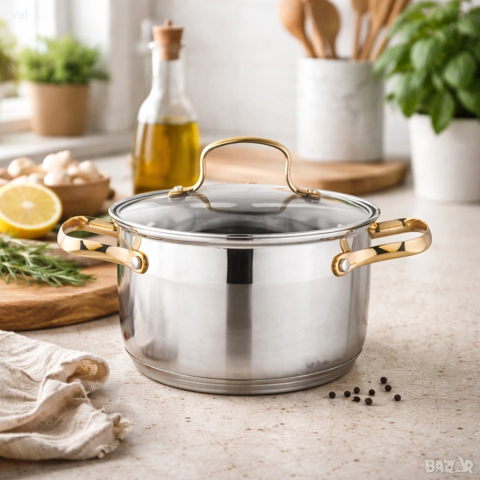 Луксозен комплект тенджери с неръждаема стомана и златисти дръжки – перфектният избор за всяка кухня, снимка 1