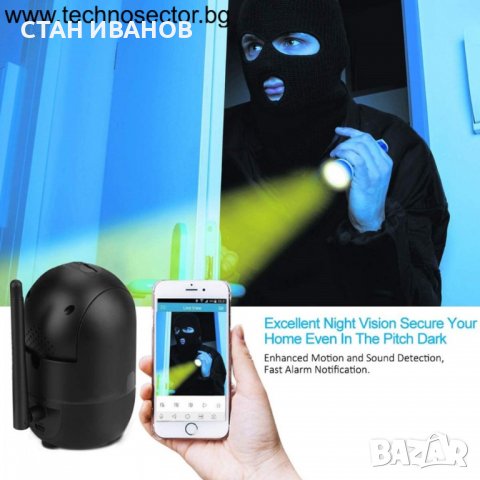Безжична въртяща се смарт камера, с Wifi, 2MP 1080P, Аларма, Запис на SD карта, Нощно виждане, снимка 5 - Камери - 36871941