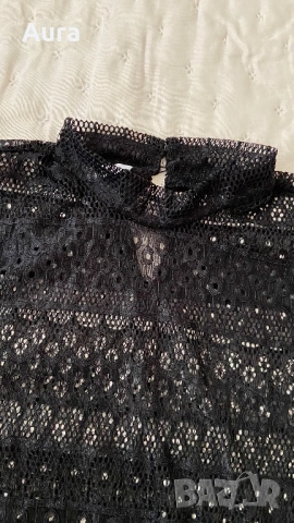 Black lace blouse high neck long sleeves with ruffled cuffs 