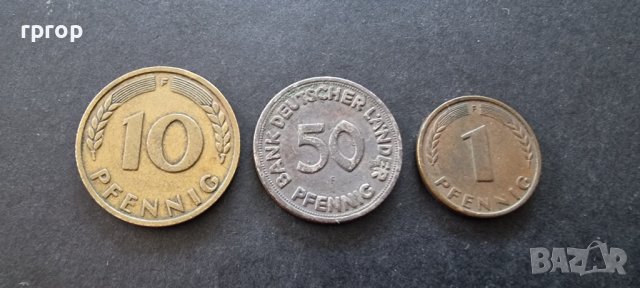 Монети . Германия. 1, 10 и 50 пфенига. 1949 година.