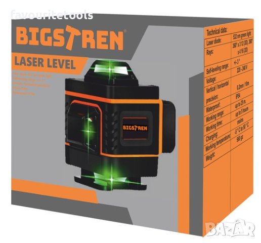Лазарен нивел Bigstren, 4 зелени лъча, 16 линии, 4D, обхват 25м, 360° завъртане, самонивелиращ се, снимка 4 - Измервателни инструменти - 42562311