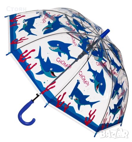 Чадър тип бастун за дъжд Автоматичен детски прозрачен Blue Sharks 66см, снимка 3 - Чадъри - 42876221