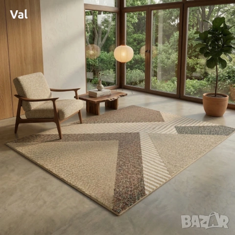 Модерен килим за хол 120х160см - Златисти триъгълници и райета и 3D ефект, Противоплъзгащ, снимка 2 - Килими - 53882172