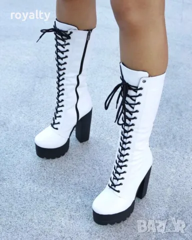 Ботуши на ток - бяла кожа с черно ходило