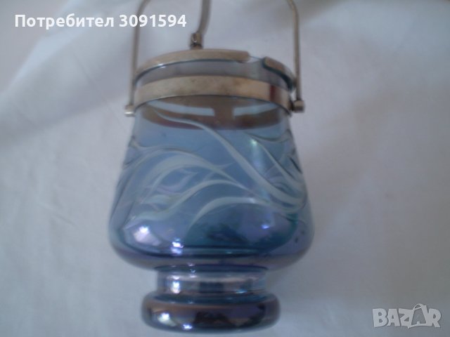 Стара захарница ръчно гравирано синьо стъкло свързвано с метален капак , снимка 4 - Аксесоари за кухня - 37314350