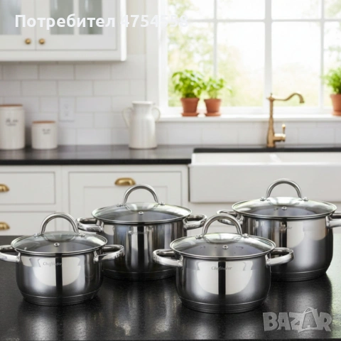 Комплект тенджери Cheffinger – 8 части инокс с капаци, за всички видове котлони