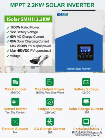 Соларен инвертор Easun 2.2KW 12V 220V MPPT 60A PV 450V Off-Grid WIFI - ГАРАНЦИЯ! БЕЗПЛАТНА ДОСТАВКА!, снимка 6 - Друга електроника - 48556971