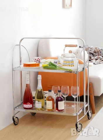 Мобилна сгъваема количка за сервиране, 2-етажна, закалено стъкло 302, снимка 2 - Маси - 51977552