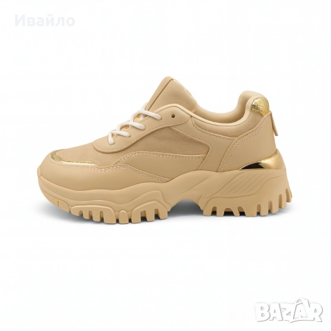 Дамски бежови сникърси с масивна подметка и златисти акценти, снимка 6 - Дамски ежедневни обувки - 52096701