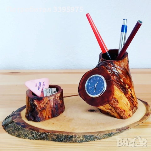 Комплект дървени канцеларски материали с часовник, ръчно изработен