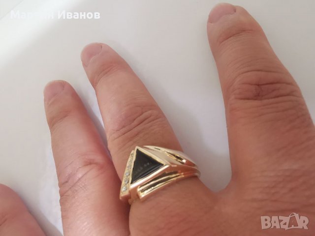 Златен мъжки пръстен с оникс и циркони , снимка 10 - Пръстени - 36935137