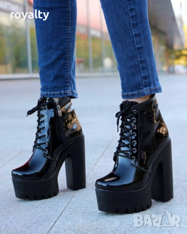 Боти на ток - черен лак с черно ходило