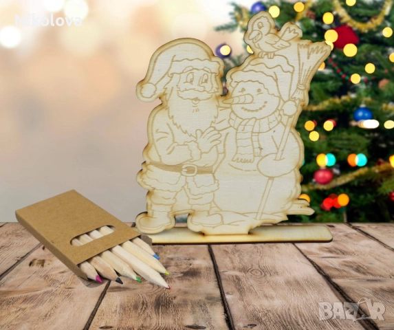 Коледна дървена фигурка за оцветяване със стойка и моливи, снимка 8 - Фигурки - 52276070