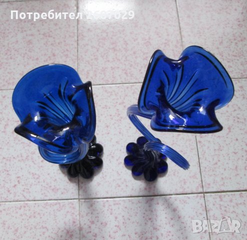 Високи  38 и 44 см  -  2 бр невероятни големи стъклени сини вази, снимка 9 - Вази - 30594521