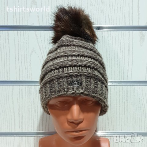 Нова дамска плетена шапка кафяв меланж с помпон/пух, снимка 1 - Шапки - 30963255