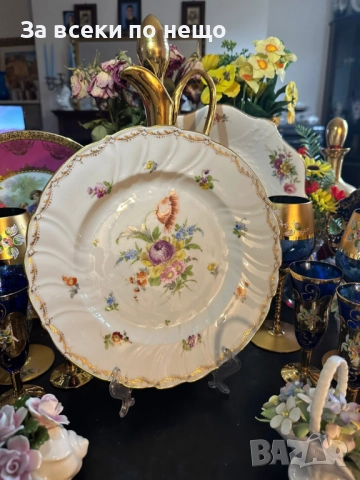 Nевероятно красиво немско плато с майсенски ръчно нарисувани подглазурно букети и цветя Код P1627, снимка 7 - Сервизи - 52917293