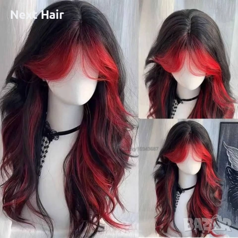 Ефектна омбре черна перука с червени кичури и краища, снимка 3 - Аксесоари за коса - 52897647