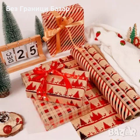 Нова Коледна крафт опаковъчна хартия 3 ролки, 43 см х 3 м, устойчиви дизайни, снимка 2 - Декорация за дома - 48158645