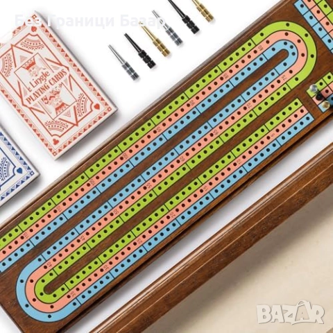 Нов Луксозен дървен сет за Cribbage с 3 писти, карти и метални пинове