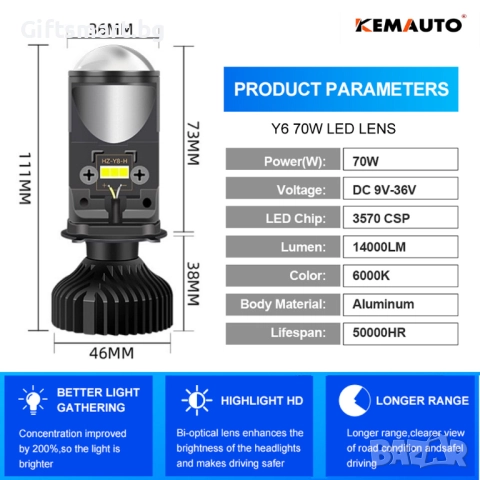 Комплект от 2 LED крушки H4 с лупа, Y6, 2x35 вата, 110x60мм, 14400LM, снимка 5 - Аксесоари и консумативи - 52341788