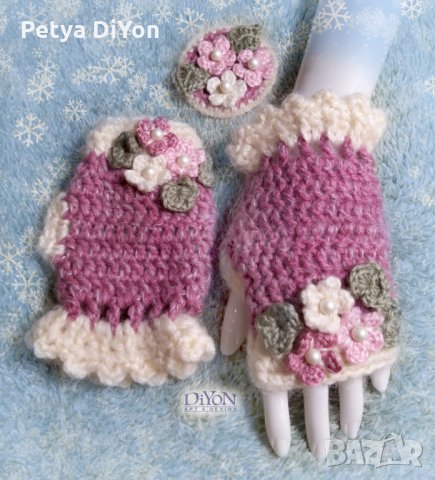 Ръчно плетени дамски ръкавици с мохер, розово, снимка 1 - Ръкавици - 30836147