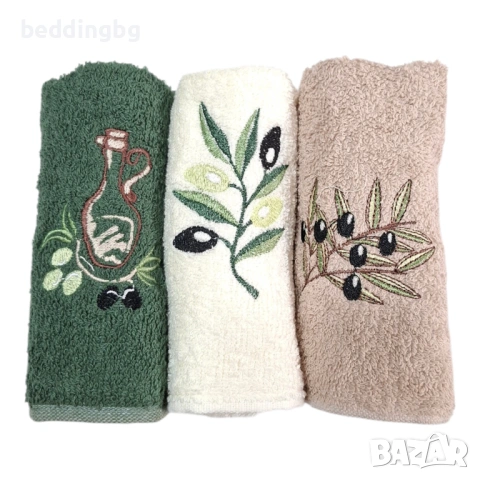 Комплект 3бр. памучни кърпи с бродерия "Маслина" - Турция, снимка 2 - Хавлиени кърпи - 54165908