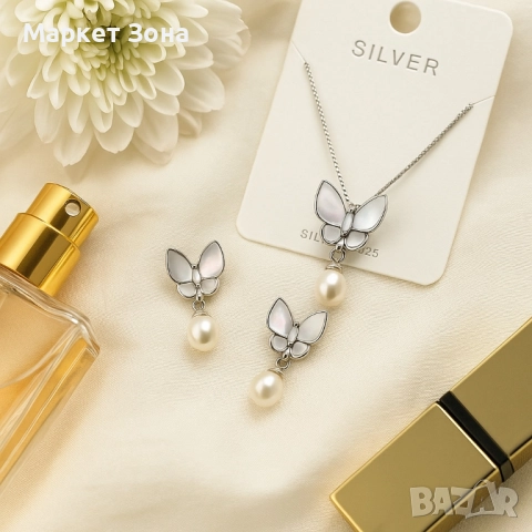 Стилен комплект бижута - Колие и обеци с пеперуди и перлен акцент, снимка 3 - Бижутерийни комплекти - 51458250
