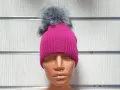 Нова зимна дамска шапка с камъчета с пух/помпон в цвят циклама, снимка 8