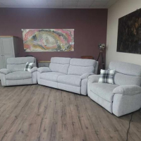 Сив комплект от плат диван тройка с два фотьойла с релакс механизъм, снимка 7 - Дивани и мека мебел - 44701681