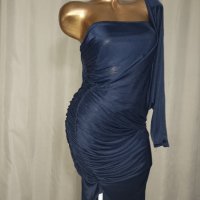 М Елегантна Тъмно синя еластична,рокля с един ръкав, снимка 1 - Рокли - 37361319