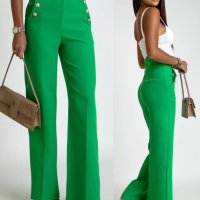 УНИКАЛЕН зелен панталон с висока талия и широк крачол, снимка 1 - Панталони - 40649690
