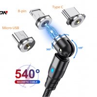 НОВО! 180°-360°-540° Магнитен кабел micro USB, Type C, 8-pin магнитно зарядно, снимка 8 - USB кабели - 33804624