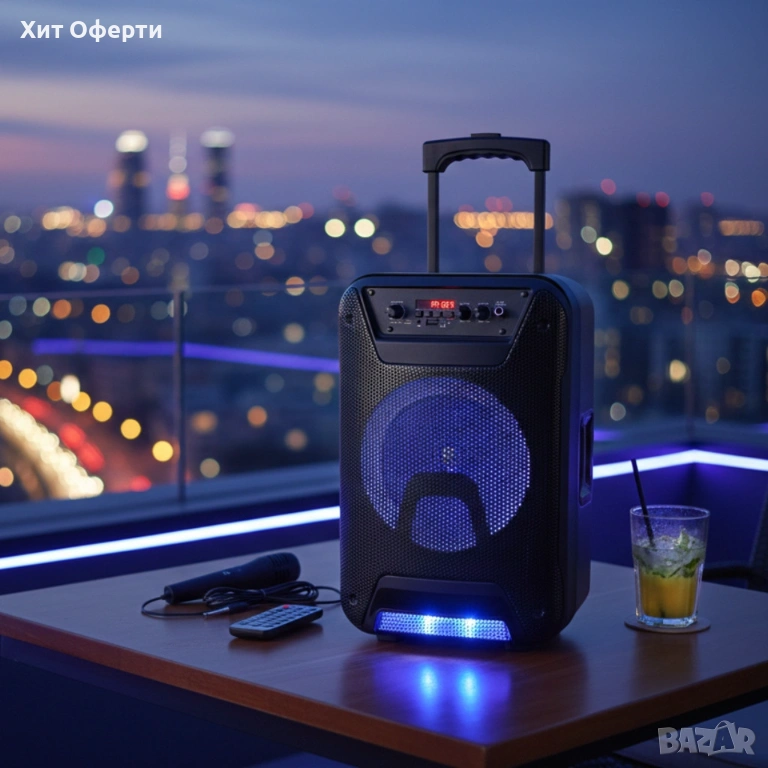 Преносима караоке тонколона - 8" говорител, LED светлина, дистанционно управление и микрофон, снимка 1