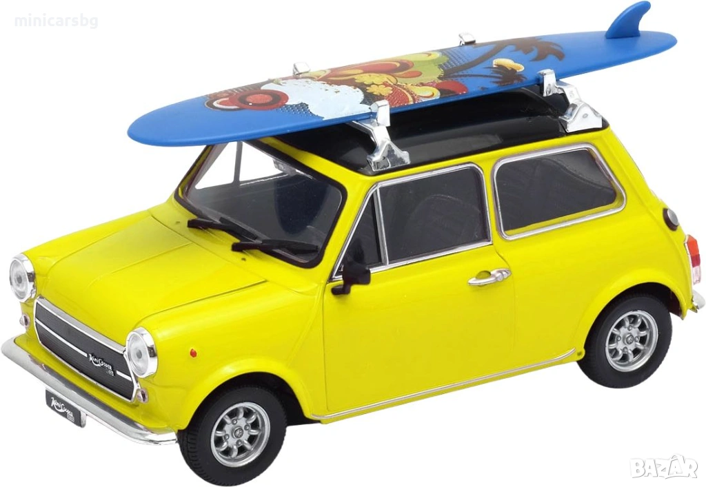 Метални коли Mini Cooper 1300 1:24 жълта количка със сърф, снимка 1