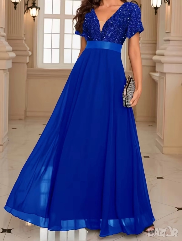 Дълга бляскава рокля в кралско синьо, снимка 1