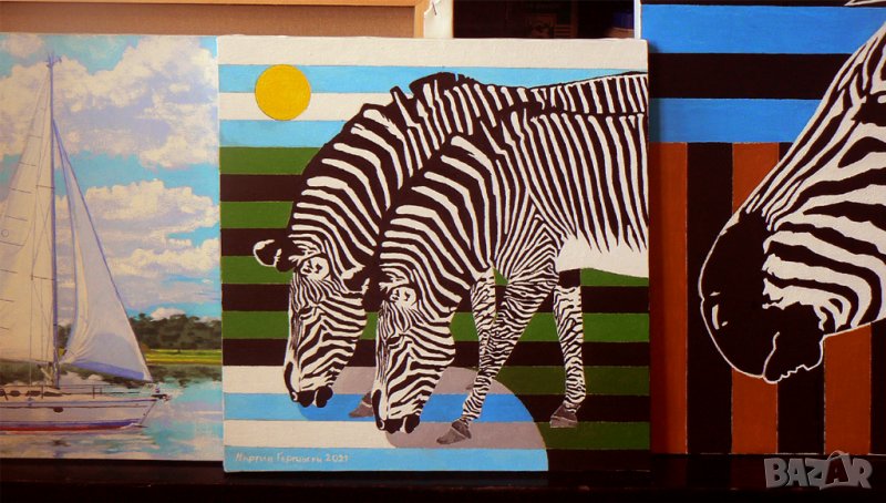 Маслена картина със зебри., снимка 1
