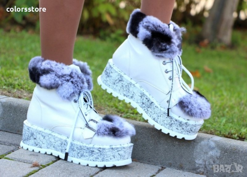 Боти на платформа - бели с ЕСТЕСТВЕН пух - PUH, снимка 1