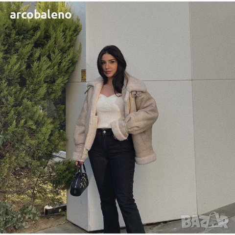 Дамско кожено двустранно яке с цип с цветен блок и топло свободно палто с ревер, снимка 4 - Якета - 44308433