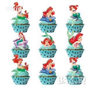 24 бр Малката Русалка Ариел картонени топери за торта мъфини кексчета парти рожден